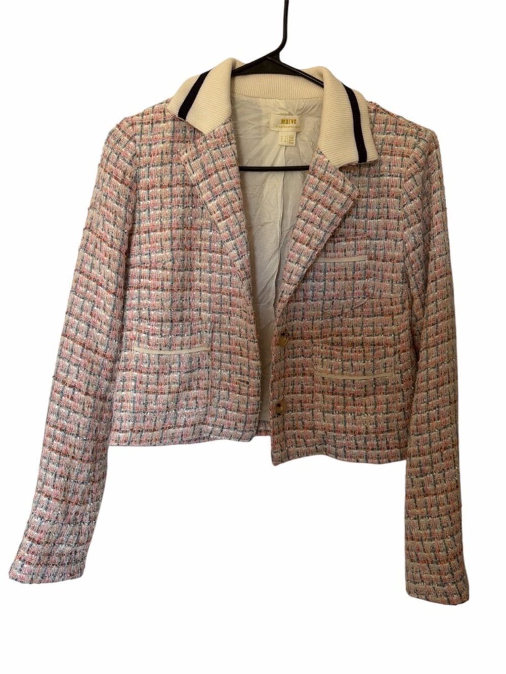 Maeve Pink Tweed Blazer with Cream Ribbed Collar and Navy Trim